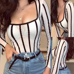 Women's T Shirts T-shirt Slim-fit Bottoming Striped Long-sleeved Women's Tops Blouse Tropical Southern Style Women