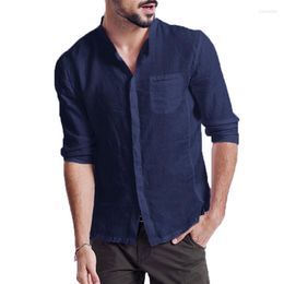 Men's Casual Shirts Men's Men Shirt Summer Three Quarter Vintage Linen Solid Long Sleeve Retro T Tops Blouse Daily