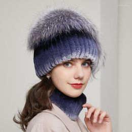 Berets Women Scarves Set Natural Fur Hats Knit Hat Scarf Real Rex Winter Warm Fashion Princess For Ladies