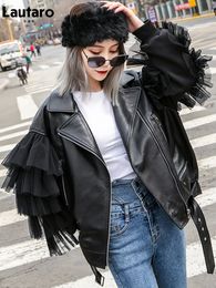 Women's Leather Faux Lautaro Autumn Short Black Oversized Lace Patchwork Biker Jacket Long Sleeve Loose Womans Clothing Fashionable Outerwear 220922