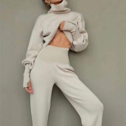 Women's Two Piece Pants Turtleneck Sweater 2 Pieces Set Women Setchic Knitted Pullover Top Sweater Pants Jumper Tops Trousers Sweater Suit Winter 220922