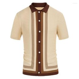 Men's Polos Summer Knitted Polo Shirts Men's Striped Turn-down Collar Sweater Casual Short Sleeve Single-Breasted Slim