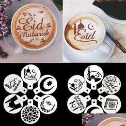 Party Decoration 6Pcs/Set Eid Mubarak Coffee Mould Cake Cupcake Stencil Template Barista Cappuccino Strew Pad Duster Spray Tool Mxhome Dh9Dr