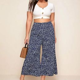 Pants Plus Size WomenFresh And Elegant Wide Leg Nine Part Floral Flared Legs Loose Casual Cropped Trousers XL-4XL