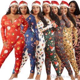 Plus Size 5XL Women Christmas Printed Jumpsuits Designer Pyjama Onesies Sexy Long Sleeve Skinny Bodysuit Rompers Nightwear