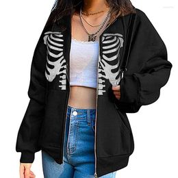 Women's Hoodies Y2K Zip Up Goth Hooded Sweatshirt Punk Skeleton Loose Coats 90s E-Girl Harajuku Vintage Aesthetic Oversized Tops