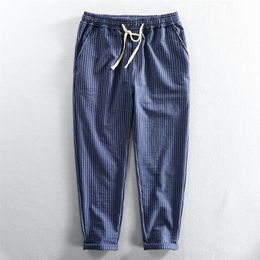 Cal￧as masculinas wuji homens primavera moda el￡stica cintura listrada simples casual jap￣o estilo tornozelo cal￧as de algod￣o c￴nico cal￧as cl￡ssicas 220922