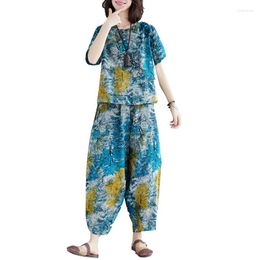 Women's Tracksuits 2022 Summer Women Set Vintage Print Short Sleeve Cotton Linen Tops Pants Casual 2 Piece Plus Size Suit
