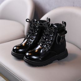Boots Children ankle boots girls black PU leather autumn boys British style short baby buckle single shoes 220921