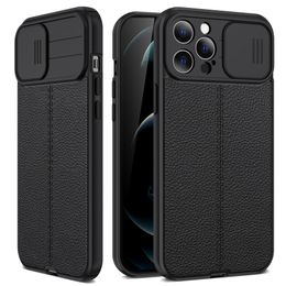 Push Window Slide Camera Lens Protection Cases For iPhone 14 13 12 Mini 11 Pro XR XS Max X 8 7 6S Plus Soft Leather Shockproof Protective TPU Rubber Armour Cover