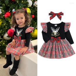 Girl Dresses FOCUSNORM 2Pcs Baby Girls Christmas Dress Outfit Reindeer Print Plaid Stitching Long-Sleeve Lace Tutu Headband 0-24M