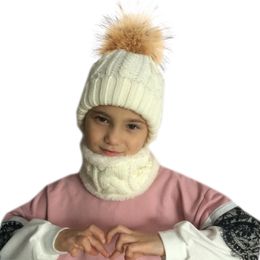 Scarves Wraps Hats Scarves Gloves Sets Winter Baby Hat Scarf Set Real Raccoon Fur Pompom For Kids Fleece Inside Beanie Girls Boys Cap 220921