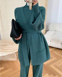 Women's Two Piece Pants Women's Oversized Women Knitted Tracksuits Winter Cashmere Turtleneck Sweater Tops Wide Leg Cardigan Coat 3