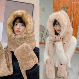 Berets 3-in-1 Sets Lamb Velvet Hat Woman Winter Warm And Cold Hooded Scarf Gloves Set Female Cute Bear Ear Protection Cotton Cap