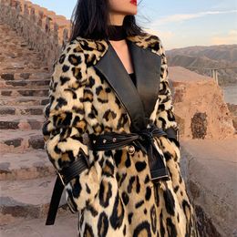 Women's Fur Faux Lautaro Winter Long Leopard Print Warm Fluffy Trench Coat for Women Sleeve Double Breasted European Fashion 220922