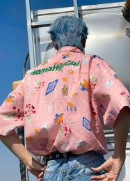 Women's Blouses 4XL Retro Thin Pink Graffiti Print Loose Short Sleeve Shirt Men Button Up Japanese Fashion 2022 Summer Couple Women