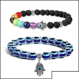 Beaded Strands Beaded Bracelets Jewelry Evil Turkish Eye Hamsa Bracelet 7 Chakras Gemstone Lava Stone Fatima H Bdehome Otvq6