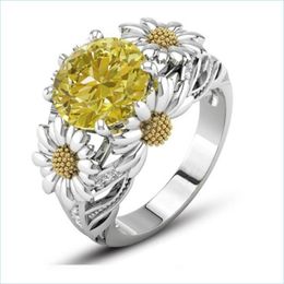 Band Rings Sunflower Ring Color Zircon Gold Plated Gemstone Crystal High End Jewelry European American Fashion Women Gift Wholesale 2 Dhe5U