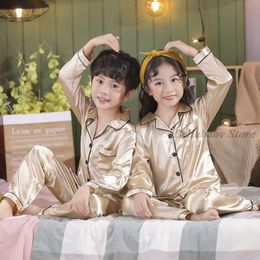 Pyjamas Champagne Gold Satin Silk Set For Kids Boys Pyjamas Baby Girl Sleepweear Spring Autumn Long Short Sleeve Nightwear 3 14Y 220922