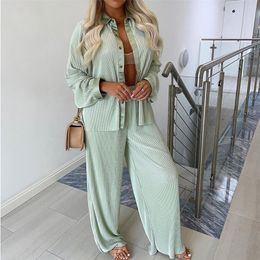 Women's Two Piece Pants Women Casual Corduroy Pants and Coat Two Piece Set Autumn Winter Long Sleeve Shirt Wide Leg Loose Trousers Office Lady Tracksuit 220922