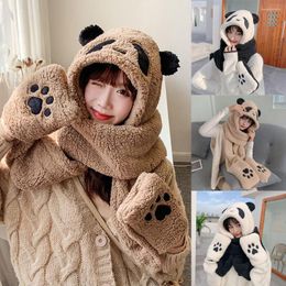 Berets 2023 Fashion Panda Beanies Caps Winter Warm Hat Casual Plush Scarf Gloves Set Faux Fur Women