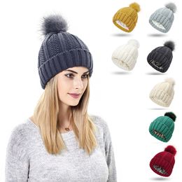 Winter Knitted Wool Beanie For Women Fashion Pompom Beanies Fur Ball Hat Female Warm Caps With Satin Inside To Protect Hair