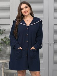 Women s Two Piece Pants Plus Size Navy Blue Double Pocket Jacket Loose Solid Color Large Lapel Long Sleeve Casual Comfort Outerwear 220922