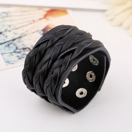 Black Rows Braid Leather Bangle Cuff Multilayer Wrap Button Adjustable Bracelet Wristand for Men Women Fashion Jewelry Black