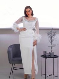 Elegant Feather Long Sleeve Prom Dresses Sheath Side Slit White Formal Evening Gowns Scoop Neck Beaded Ankle Length Special Occasion Wear Reception Engagement