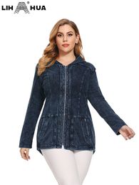 Women s Plus Size Outerwear Coats LIH HUA Denim Jacket Fall Casual Cotton High Stretch Hoodie Knit 220922