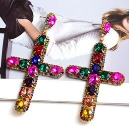 Vintage Long Metal Colourful Crystal Cross Dangle Earrings Fashion Diamonds Pendant Earring Jewellery Accessories For Women