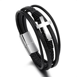 Stainless Steel Cross Charm Braided Multilayer Wrap Genuine Leather Bracelet Bangle Cuff Wristband for Men Fashion Jewelry Will and Sandy