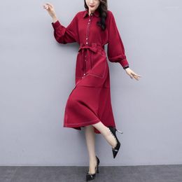 Women's Trench Coats Women's Red Mid-length Windbreaker Female Dress 2022 Autumn Korean Jacket Women Turn-down Collar Long Shirt Coat
