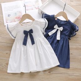 -M￤dchenkleider Fashion Style Kleid f￼r 0-3 Jahre alte M￤dchen Bowknot Dekor Sommer Fr￼hling kurz￤rmelige Kleidung Blaue Kleinkinder