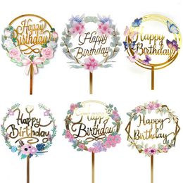 Festive Supplies 12x16 Cm Plant Happy Birthday Cake Toppers Golden Silver 3D Acrylic Party Cupcake Topper Dessert Decoration Baby Shower
