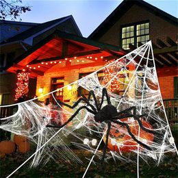 Dog Apparel Giant Halloween Decor Spider Web Stretchy Cobwebs with Fake Spiders Terror Bar Haunted Home Cobweb Props Scary Party Scene 220921