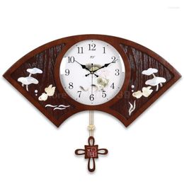 Wall Clocks Chinese Wood Living Room Clock Creative Shell Quartz Fan Bedroom Mute Watch