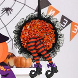 Decorative Flowers Mesh Yarn Halloween Witch Legs Wreath With Lanyard Hanging Lightweight Decoration For Home