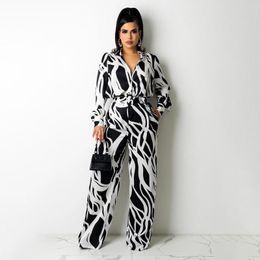 Women's Two Piece Pants Women&#39;s Tracksuit Black White Letter Striped Print Long Sleeve Blouse Tops And Sash Wide Leg Trouser Office