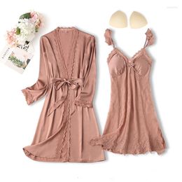 Women's Sleepwear Young Lady Sweet Flower Embroidery 2PCS Robe Set Sexy V-Neck Kimono Gown Ruffles Trim Nightgown Casual Bathrobe