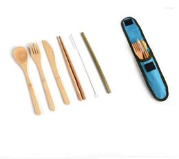 Flatware Sets 50sets Outdoor Wooden Cutlery Set Bamboo Straw Dinnerware With Cloth Bag Knives Fork Spoon Chopsticks Travel SN1297