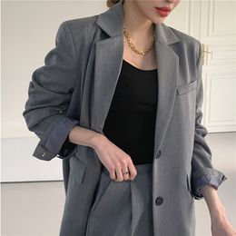 Women's Two Piece Pants HziriP Grey 2 Piece Sets Straight Loose Pants Office Uniform Chic Autumn Business Suits Femme Elegant Formal OL Slim Blazers 220922