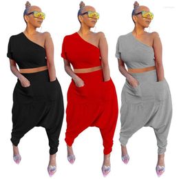 Women's Two Piece Pants Women's One Shoulder Crop Top Harem Set Sexy Casual Outfits For Women Folding Matching Clothing Sweat Suit