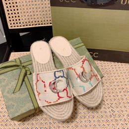 Designer Slippers Embroidered Letter Gradient Colour Metal Label Straw Bottom Colour Matching