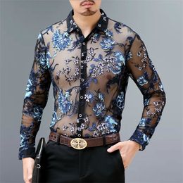Men's Casual Shirts Transparent Men Sexy Floral Embroidery Lace Party Luxury Long Sleeve Chemise Homme See Through Camisa Hombre 220922