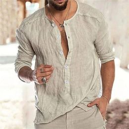 Men's Polos Cotton Linen Shirt Tops Men Casual Solid Loose Button-up Crew Neck Long Sleeve Pullovers Spring Fall Mens Clothes Fashion Shirts