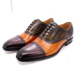 Handmade Green & Camel Wingtip Oxfords for Men - Genuine Calf Leather, Classic Wedding & Business Formal men's dress shoes in Sizes 8-15