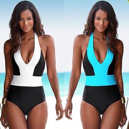 Women's Swimwear Women's Women Summer Colour Block Swimsuit Deep V-neck Push Up Padded Jumpsuit Stitching Design Triangle Bathing Suit