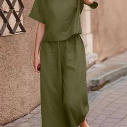 Women's Two Piece Pants Summer Short Sleeve Matching Sets ZANZEA Women Vintage Blouse 2PCS Pant Sets Solid Loose Wide Leg Trousers Suits Oversized 220922