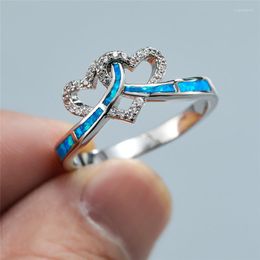 Wedding Rings White Blue Fire Opal Double Heart Cross For Women Vintage Fashion Silver Color Engagement Ring Couples Jewelry